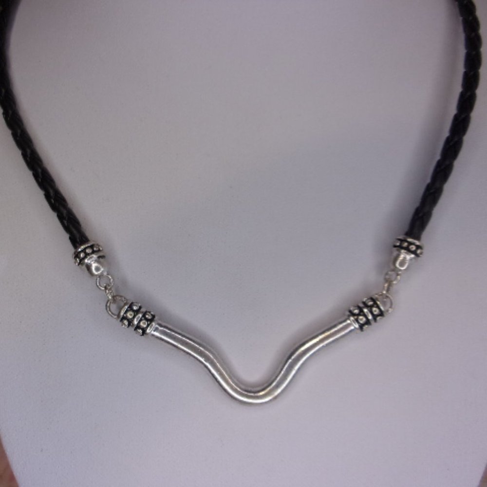 Western Style Silver Bar Black Braided Cord Necklace